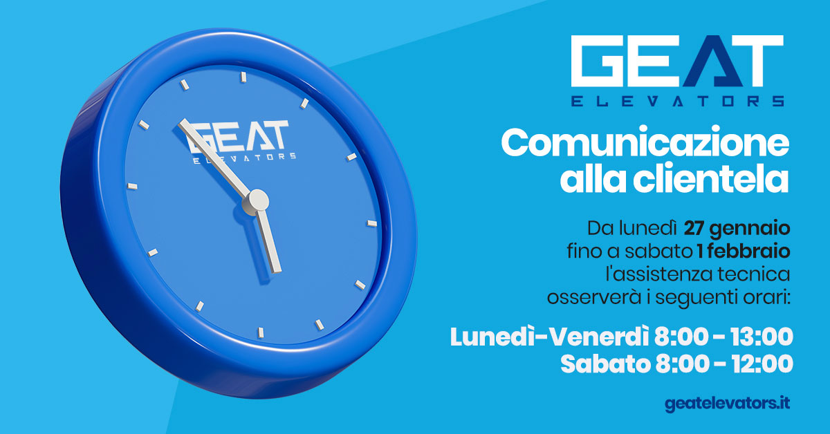 Variazione orari assistenza tecnica dal 27/01 al 01/02